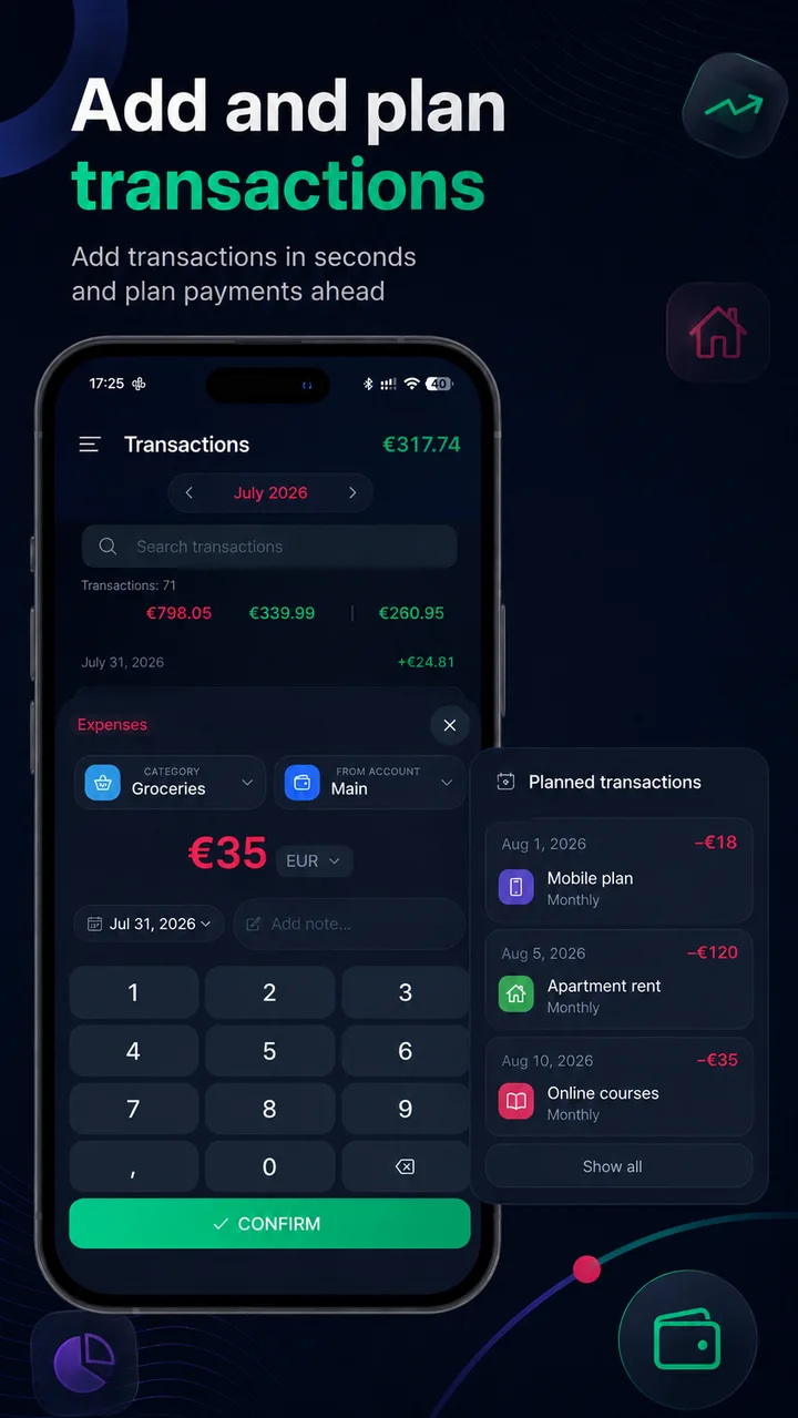 Adding a transaction with the keypad, alongside a list of scheduled payments