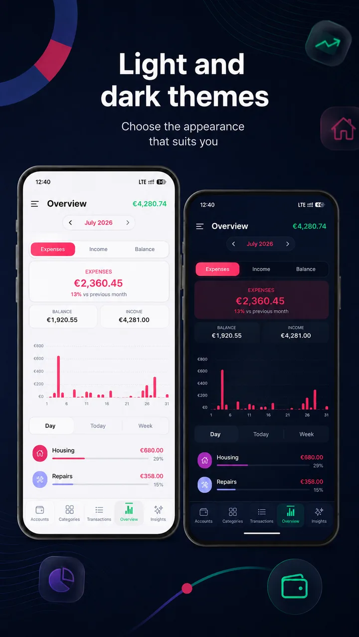 The overview screen shown side by side in the light and the dark theme